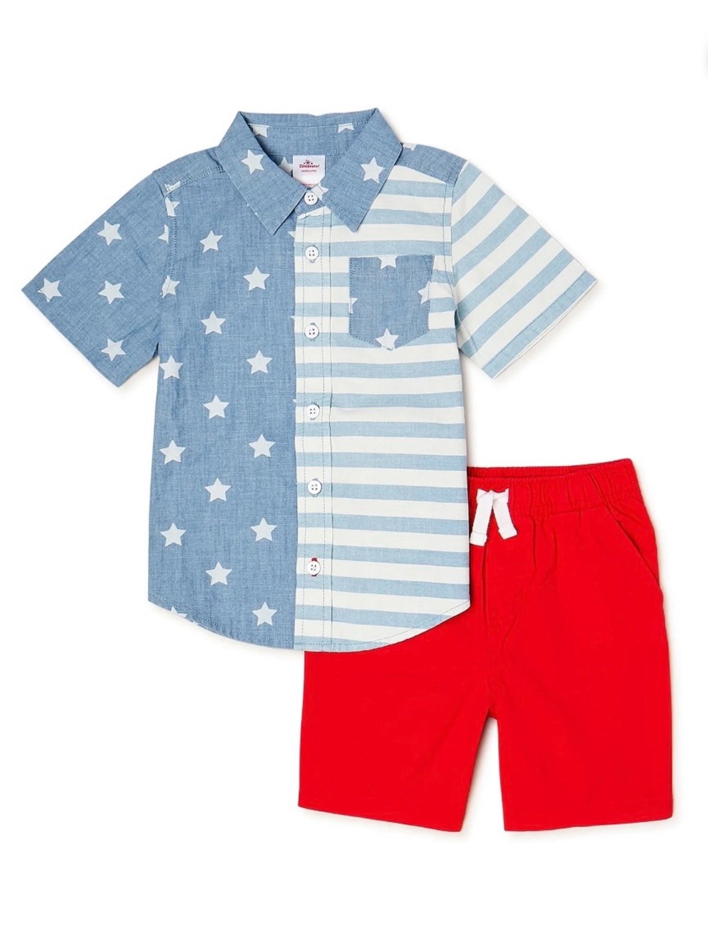 2 For $15 Blue Star & Stripe Button-Up Shirt with Red Shorts Set